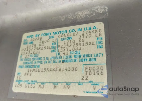 1989 Ford Bronco U100 from USA, damaged, VIN 1FMEU15NXKLA14330